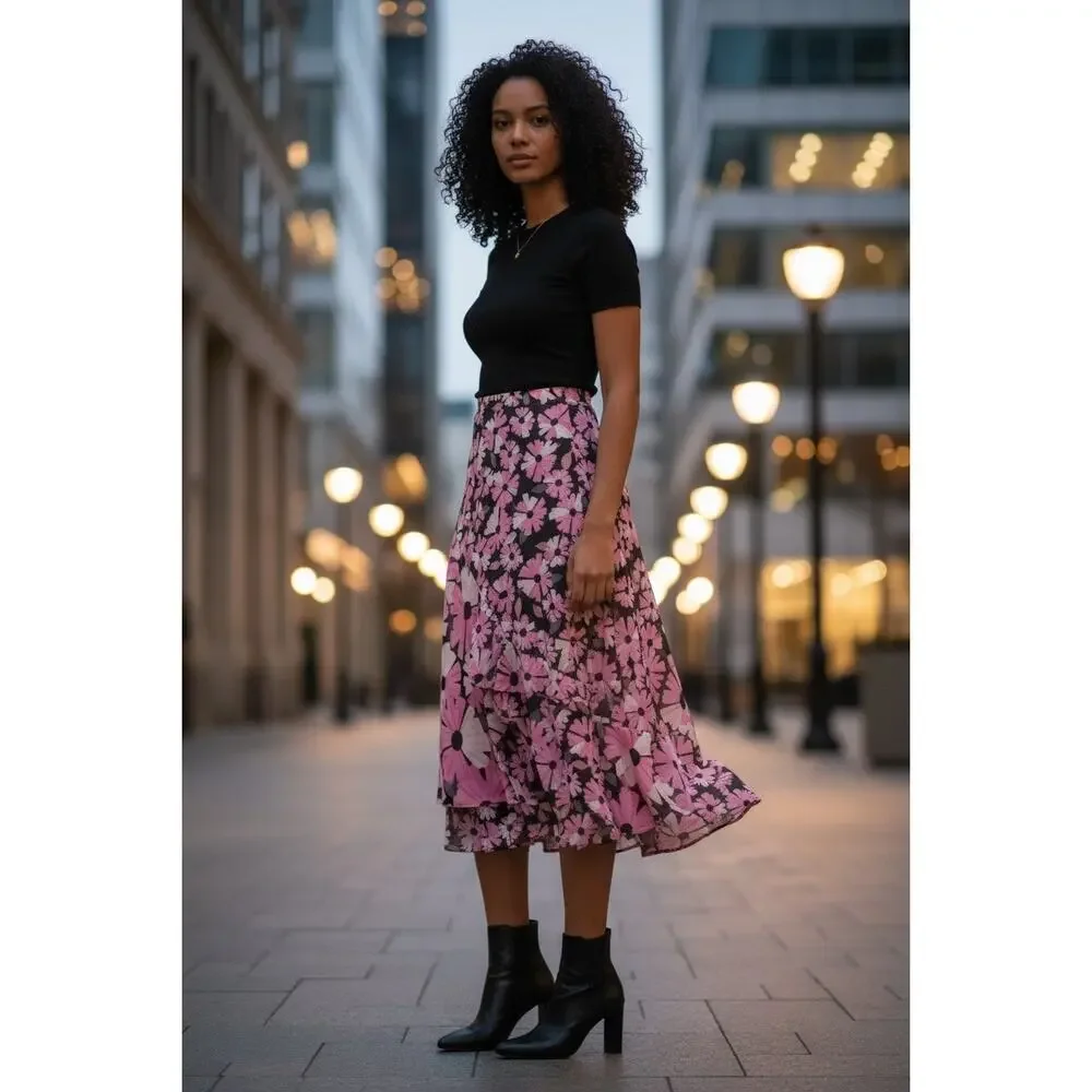 Kate Spade Wallflower Satin Floral Skirt Size 10 NWT Pink Black Asymmetrical